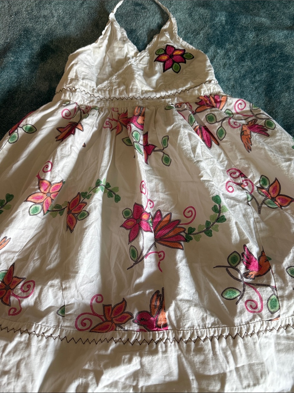 Disney White Halter Dress with Pink and Green Floral Embroidery